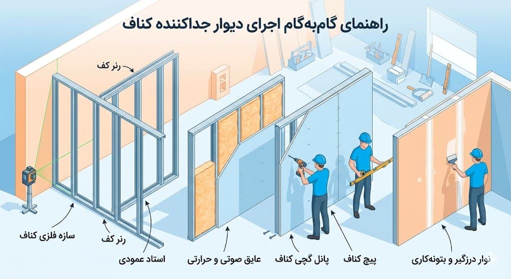 نحوه اجرای دیوار جداکننده کناف [آموزش اصولی و مرحله به مرحله]